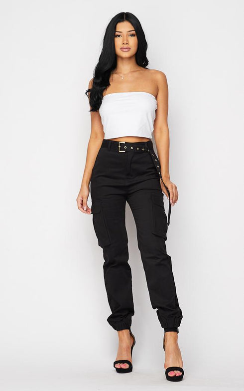 Belted High Waist Cargo Jogger Pants - Black - SohoGirl.com